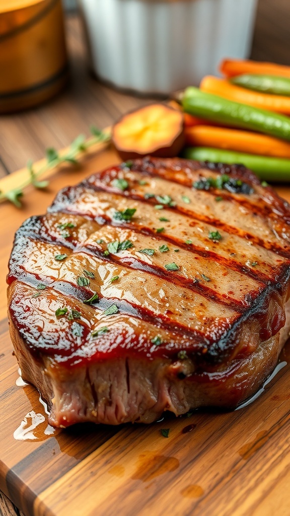 A perfectly cooked filet mignon steak garnished with herbs, served with roasted vegetables on a wooden board.
